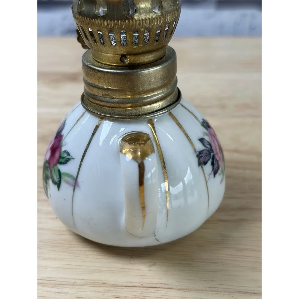 Napco China Rosebud Oil Lamp Finger Lamp Gold 8” Mini Hurricane Lamp Unused Vtg